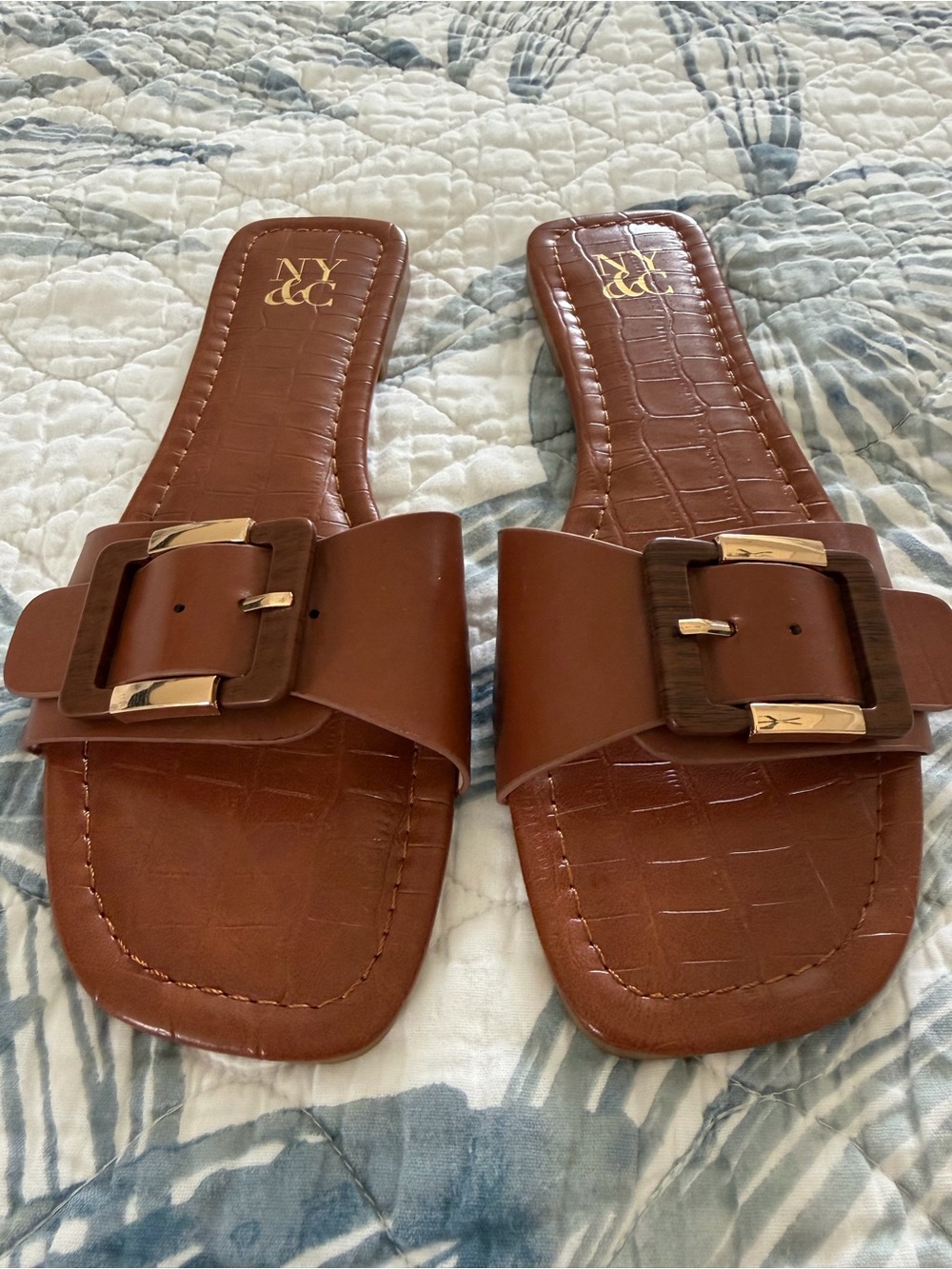 New York & Company Cognac Brown Buckle Square Toe Slide Sandals Size 7
